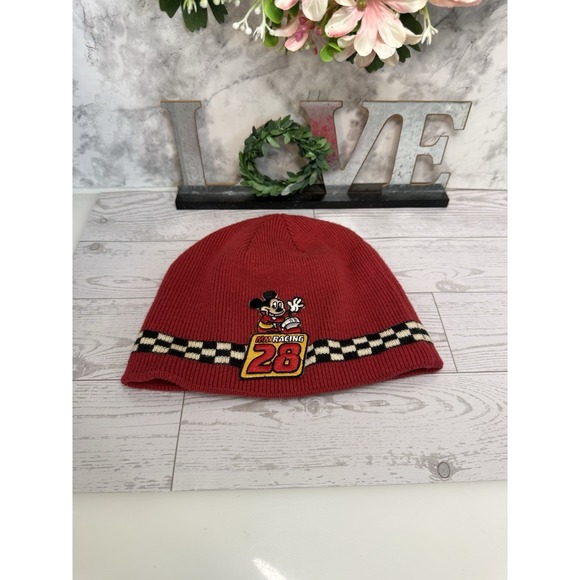 Vintage Mickey Mouse Red XS Beanie Auto Racing 28‎ Flag Checkers Hat Cap Unisex main image 14